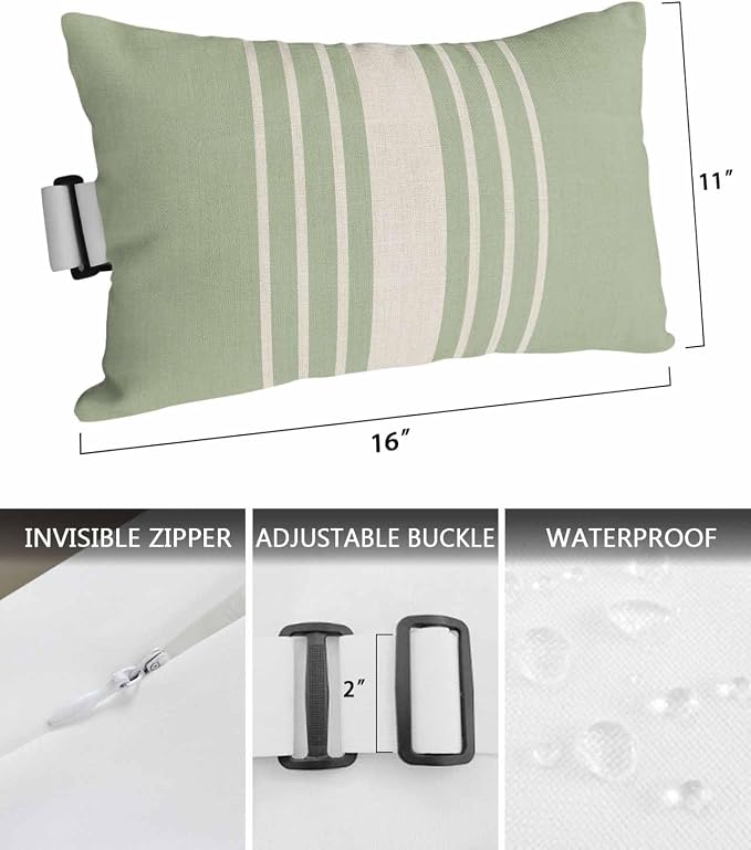 Pack of 2 Outdoor Lumbar Pillow Covers 11x16 Inch, Sage Green Beige Striped Waterproof Throw Pillow Covers Set, Modern Farmhouse Retro Lines Indoor&Outdoor Cushion Cases for Patio Porch Beach