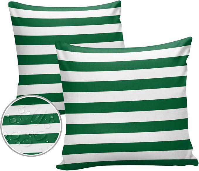 Outdoor Waterproof Pillow Covers for Patio Furniture Merry Christmas Decorative Throw Pillow Cover Green And White Stripes Pillowcases Set of 2 Cushion Case for Sofa Couch Chair Home Decor 20 x 20 In