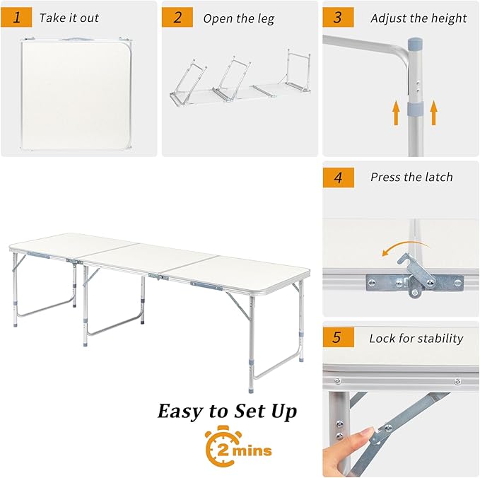 Outvita 6ft Portable Folding Camping Table, Outdoor Waterproof Adjustable Height Table, Aluminum Lightweight Suitcase Foldable Table for Picnic BBQ Beach Dining