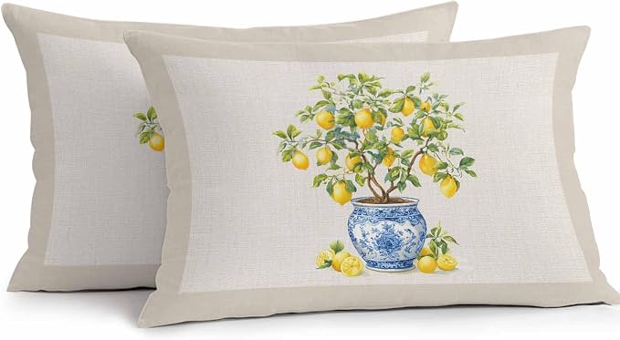 Summer Lemons Outdoor Pillow Covers 20x12 Inch Lumbar Pillow Covers Set of 2 Waterproof Decorative Throw Pillow Cases Brown Beige Farmhouse Botanical Linen Cushion Covers for Patio Furniture Garden