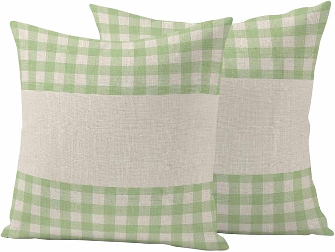 Retro Green Outdoor Waterproof Pillow Covers, Farmhouse Buffalo Plaid Vintage Beige Decorative Square Throw Pillowcase Sofa Cushion Sham for Patio/Couch/Chair, 26"x26" 2 Pack