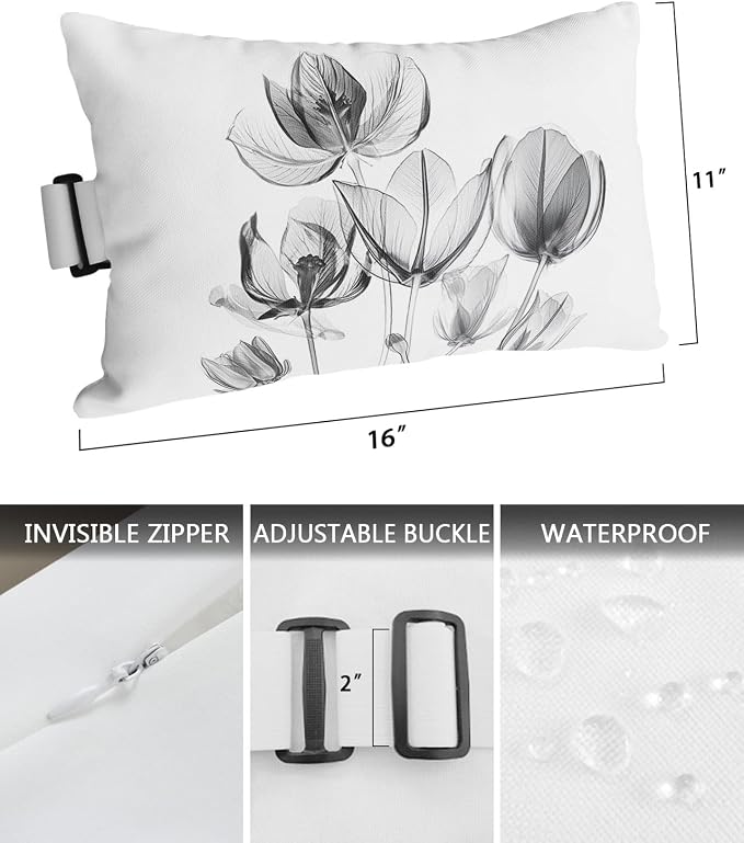 Outdoor Pillows Covers with Inserts Flower Tulips Transparent Black Floral Waterproof Recliner Pillow with Adjustable Strap Throw Pillows for Patio Furniture Pool Lounge Chair, 11x16 inch, 2PCS