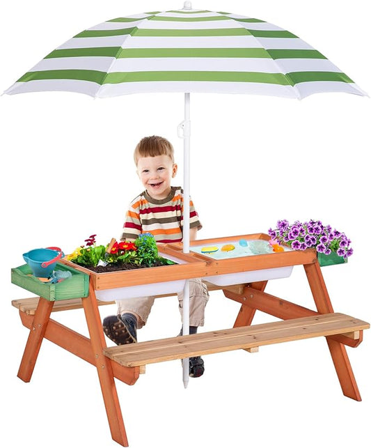 BRINJOY Kids Picnic Table, Outdoor Wooden Table w/Adjustable Umbrella & Garden Bed, 4-in-1 Sand & Water Activity Table w/Built-in Bench & Removable Boxes, Patio, Backyard