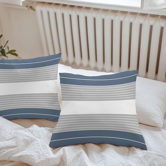 Haze Blue Grey Stripe Outdoor Pillow Covers Waterproof, All Weather Cushion Case Set of 2, Modern Art Horizontal Striped Decorative Pillowcases for Sofa Couch Bed Decor Patio Furniture 18"x18"