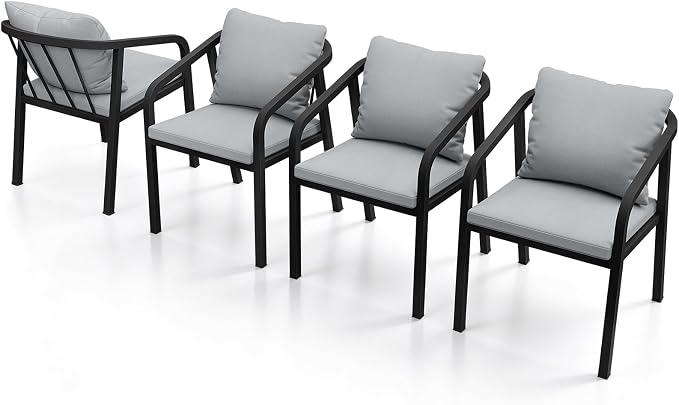 Outdoor Dining Chairs Set of 4, Never-Rust Aluminum Patio Dining Chairs with Removable Cushion, Ergonomic patio chairs with Wraparound Seating Design for Porch, Deck, Commercial, Garden, Black