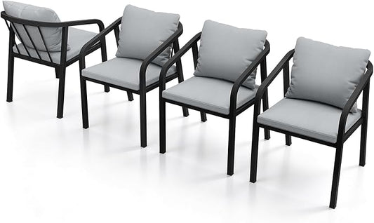 Outdoor Dining Chairs Set of 4, Never-Rust Aluminum Patio Dining Chairs with Removable Cushion, Ergonomic patio chairs with Wraparound Seating Design for Porch, Deck, Commercial, Garden, Black