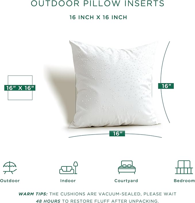 Codi Waterproof Outdoor Pillow Inserts, Square 16 x 16 inches, 4 Pack | Waterproof cover, backyard sofa & patio chairs, premium fiber filling, easy machine wash