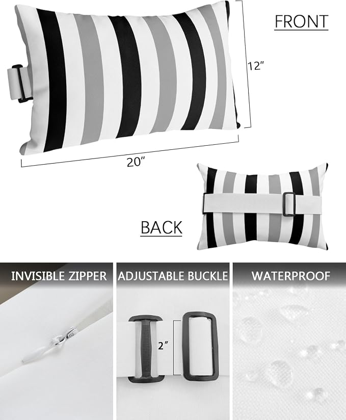 Outdoor Pillows Waterproof Covers Set of 2, Black Gray Stripes Adjustable Elastic Chaise Lounge Headrest Pillow Covers, Contrast Striped Decorative Lumbar Pillow for Pool Patio Furniture 20x12 Inch
