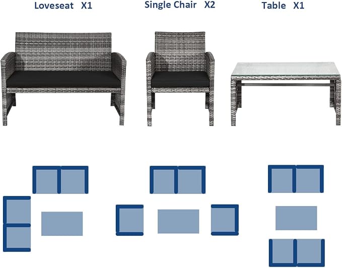 HAPPYGRILL 4 PCS Patio Conversation Set with Soft Cushions Rattan Furniture Set with PE Wicker Coffee Table & Sofa Chairs for Garden Poolside Porch Backyard