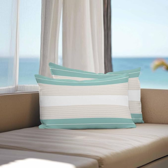 Turquoise Beige Stripe Outdoor Pillow Covers Waterproof, All Weather Cushion Case Set of 2, Modern Art Horizontal Striped Lumbar Pillowcase for Sofa Couch Bed Decor Patio Furniture 20"x12"