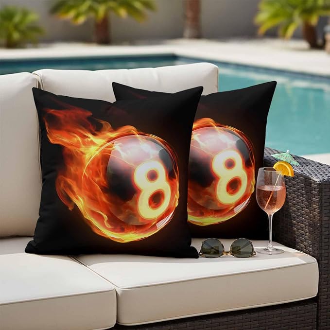 Billiards Outdoor Pillow Covers 16x16 Inch Throw Pillow Covers Set of 2 Waterproof Decorative Pillow Cases Modern Buruning Flame Sport Black Background Cushion Covers for Patio Furniture Garden Couch