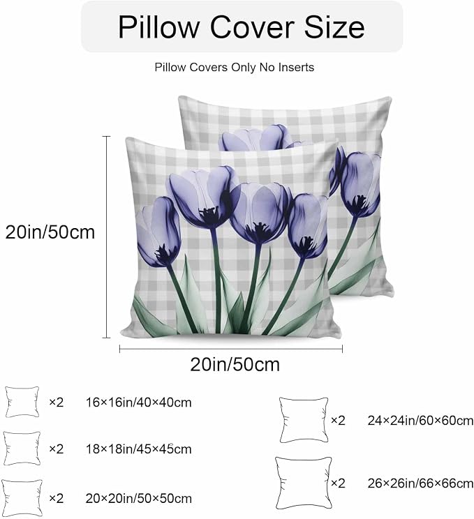 Light Purple Tulip Waterproof Outdoor Pillow Covers Set of 2 Home Decor, Farmhouse Flowers Grey Checkered Pillowcase Patio Pillow Covers for Couch Bench Furniture Garden 16x16in