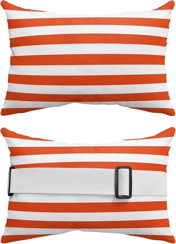 T&H XHome Outdoor Pillow for Chaise Lounge Chair, Orange and White Stripes Waterproof Headrest Pillow Lumbar Pillows with Adjustable Elastic Strap for Beach, Poolside, Patio, Office (2 Pack)