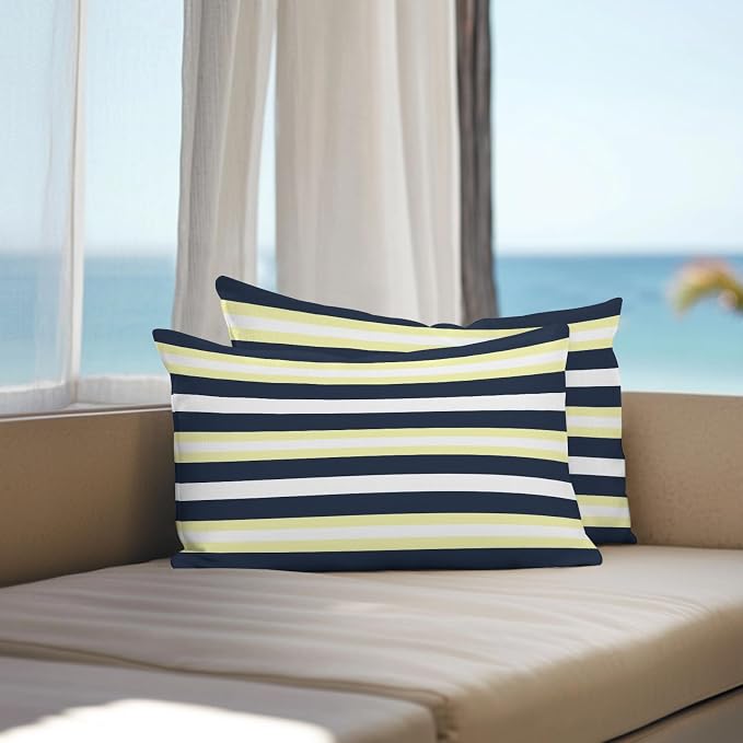 Yellow Navy Blue Striped Outdoor Pillow Covers Waterproof, All Weather Cushion Case Set of 2, Neutral Minimalist Lines Lumbar Pillowcase for Sofa Couch Bed Decor Patio Furniture 20"x12"