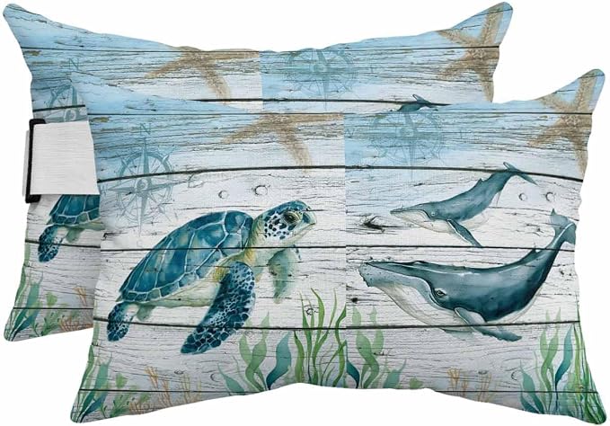 Turtle Seahorse Octopus Whale Outdoor Head Pillows for Recliner Lounge Chair,Pack of 2 Waterproof Throw Pillow Cushion Cases with Insert&Elastic Strap,Marine Life on Wood Neck Pillow for Patio Beach