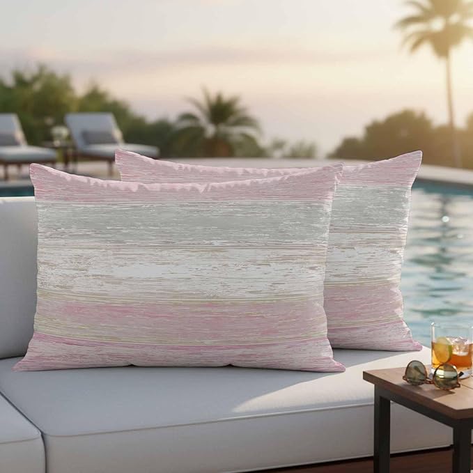 Outdoor Waterproof Throw Pillow Covers, Vintage Pink Grey Decorative Pillow Cases, Farmhouse Barn Wooden Striped Couch Pillow Protector Patio Sofa Cushion Covers Replacement 20"x12" 2 Pack