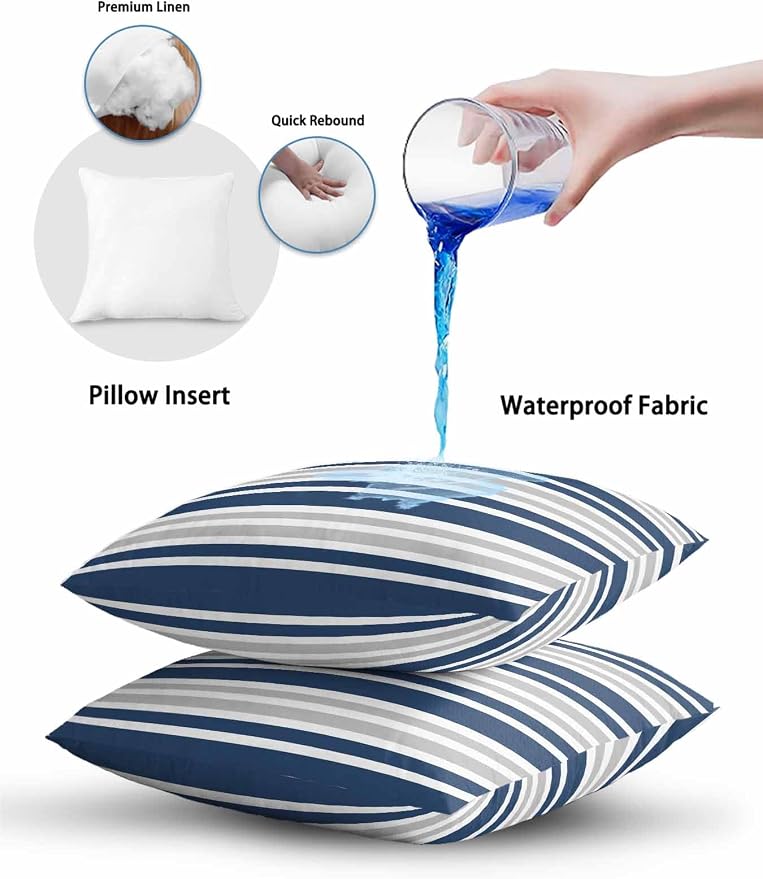 Outdoor Waterproof Throw Pillows Classic Modern Striped Patio Pillows Pack of 2,Decorative Pillow Covers with Insert,Pillow Cushion Case for Garden Couch Sofa Grey White Navy Blue