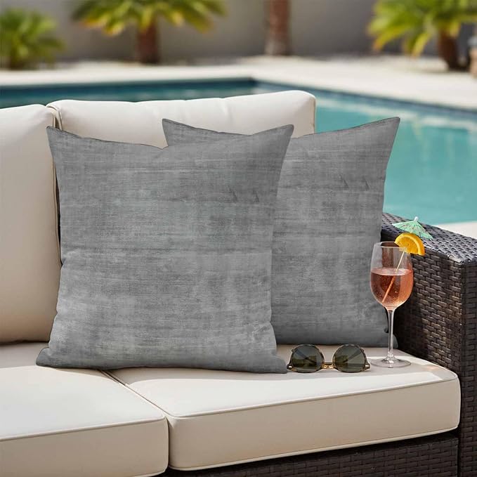 Vandarllin Outdoor Throw Pillows Covers 24x24 inch Set of 2 Waterproof Grey Linen Decorative Zippered Cushion Covers for Patio Furniture, Solid Color Texture Lumbar Pillowcases