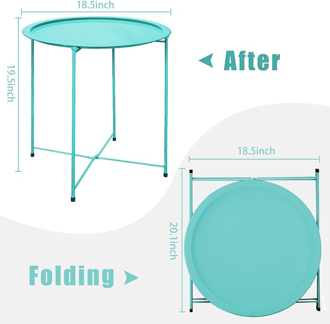 Garden 4 you End Table Metal Side Table Green Round Folding Tray Cyan Sofa Small Accent Fold-able Table, Round End Table Tray, Next to Sofa Table, Snack Table for Living Room and Bed Room