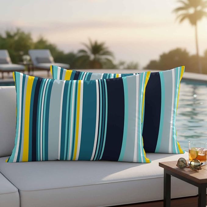Teal Yellow Stripes Outdoor Pillow Covers Set of 2 Lines Art Waterproof Throw Pillow Cover Decorative Cushion Cases for Patio Porch Garden 20X12 Inch