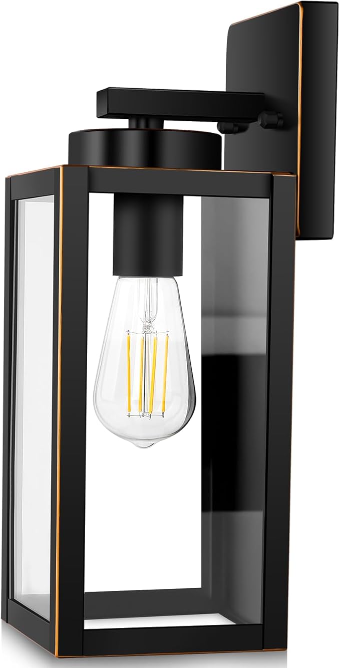 BesLowe Outdoor Wall Light, Modern Porch Sconce, Black with Gold Trim | Waterproof, Rust-Resistant, Durable Metal with Clear Glass, Standard E26 Socket, Easy to Install
