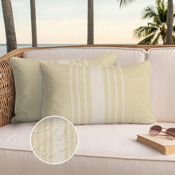 Lumbar Pillow Covers 20x12 Inch Set of 2, Cream Beige Striped Waterproof Outdoor Cushion Covers, Modern Farmhouse Retro Lines Decorative Pillowcases for Couch, Sofa, Bed, Garden, Patio