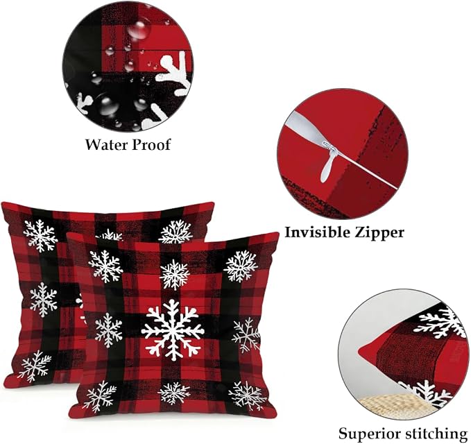 22x22 Inch Outdoor Pillow Covers Set of 2 Waterproof Throw Pillow Covers Decorative Couch Cushion Covers Buffalo Plaid Snow Square Pillowcases Protectors for Patio Garden Sofa