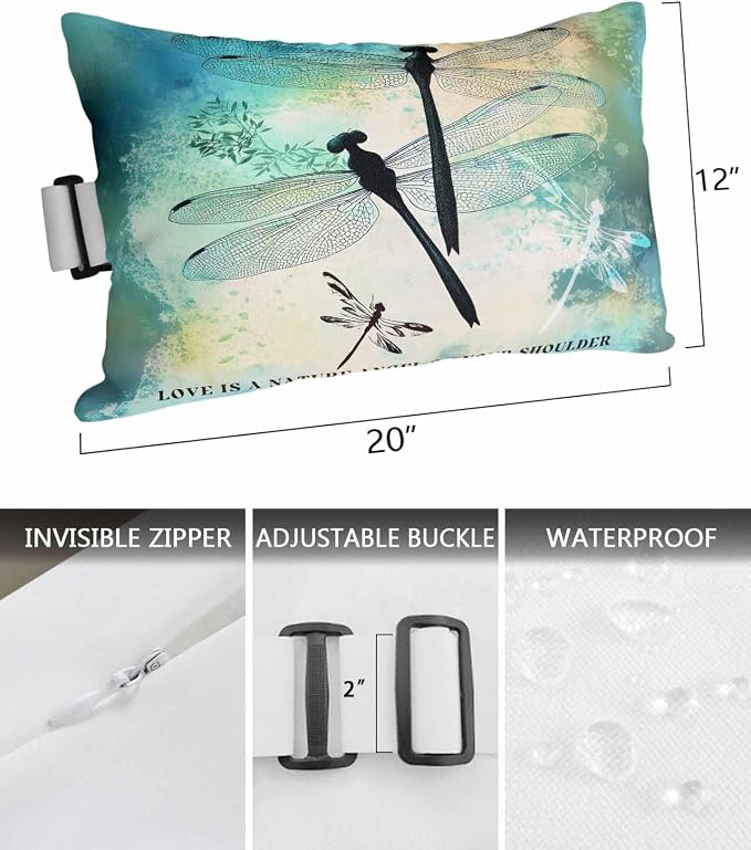 Pack of 2 Outdoor Lumbar Pillow Covers 12x20 Inch, Watercolor Dragonfly Waterproof Throw Pillow Covers Set, Turquoise Blue Ombre Animals Indoor&Outdoor Decorative Cushion Cases for Patio Porch Beach