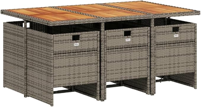 7 Piece Garden Dining Set with Cushions Grey Poly Rattan Outdoor Patio Furniture Set for 6, Foldable Chairs with Removable Covers, Acacia Wood Table for Backyard Relaxing and Al Fresco Dining