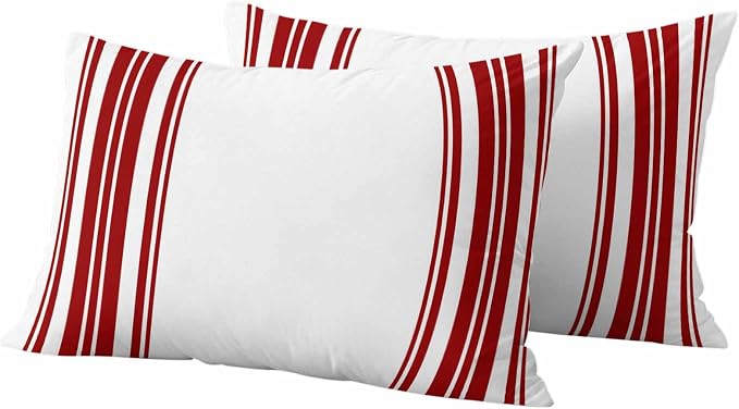 Outdoor Waterproof Throw Pillow Covers Set of 2 Red Stripes Lumbar Pillowcases 20x12 Inches White Vertical Striped Decorative Pillows Cushion Case Patio Pillows for Couch Bed Chair Garden