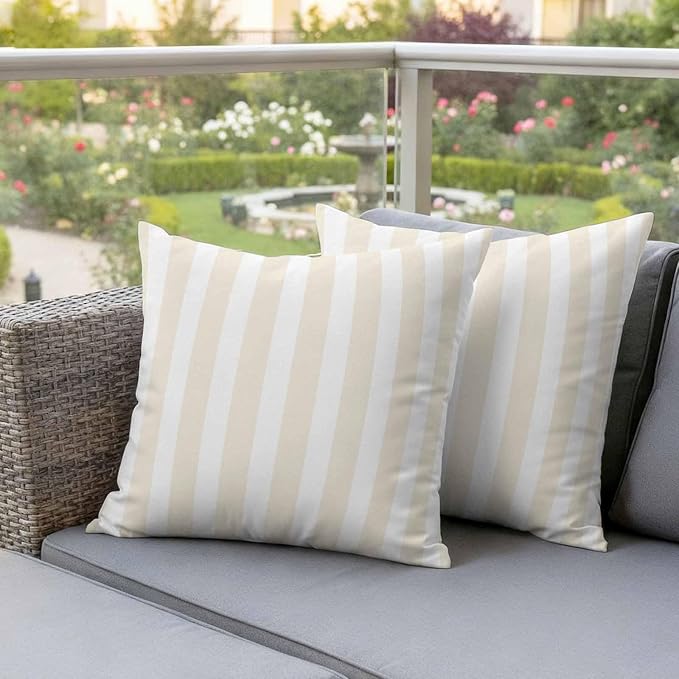 Cream Striped Outdoor Waterproof Throw Pillow Covers 18x18 Set of 2, Modern Farmhouse Cream White Stripes Decorative Pillowcases Cushion Pillowcase for Couch Sofa Patio Outside Pillow Protector