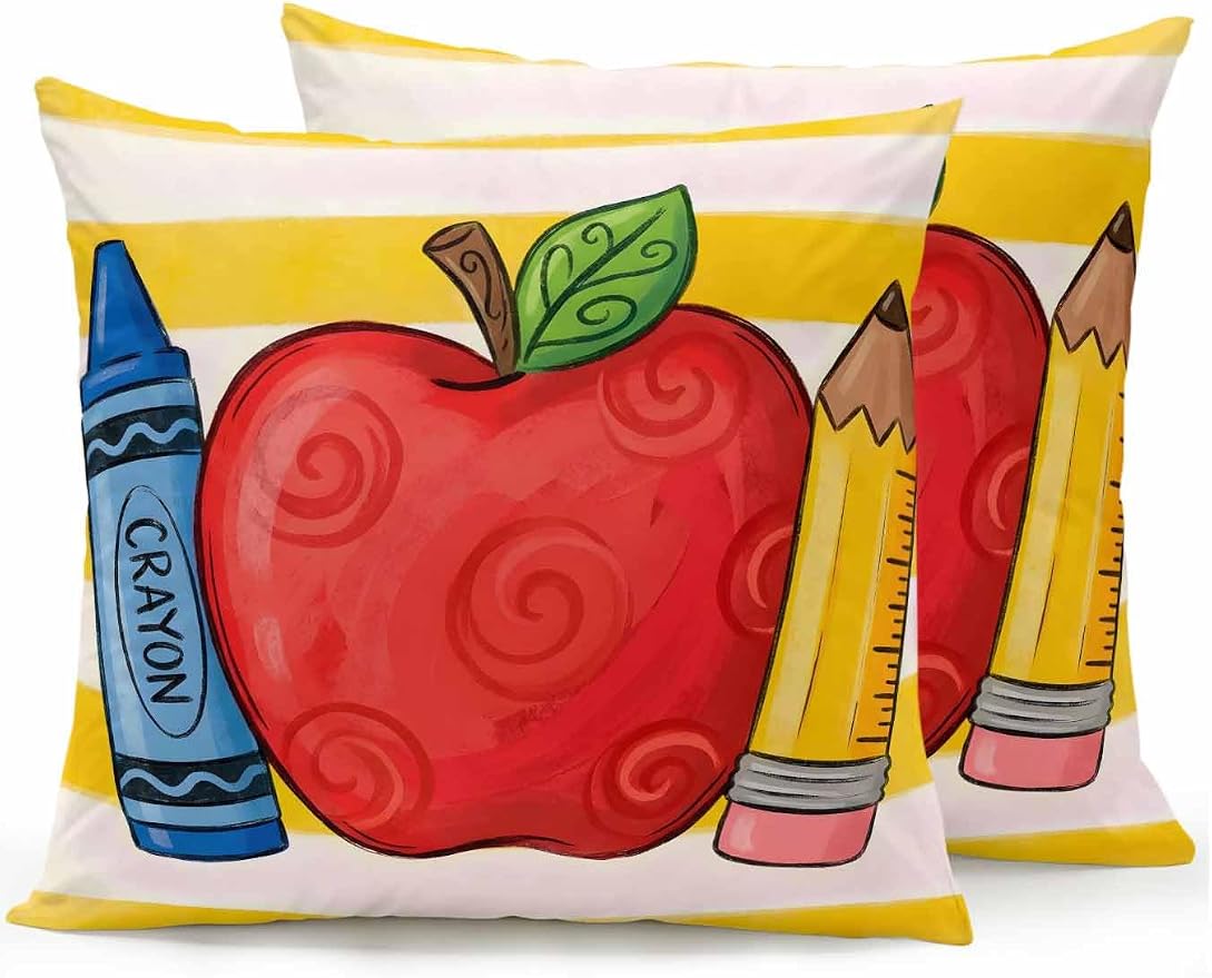 Outdoor Throw Pillow Set of 2, Children's Day Waterproof Pillow with Insert Included, Funny Cartoon Pencil Yellow Striped Decorative Accent Cushion Sofa Pillows for Patio Porch, 16 x 16 in