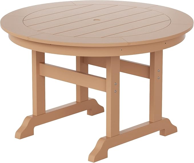 WestinTrends Malibu Patio Dining Table, All Weather Poly Lumber Adirondack 47" Trestle Round Outdoor Table with Umbrella Hole, Teak