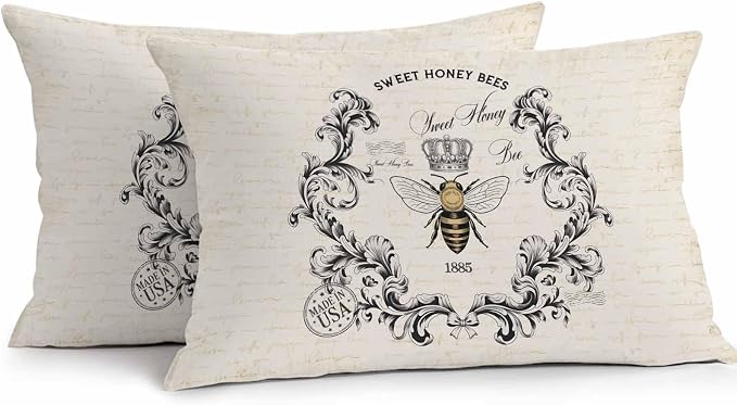Vandarllin Outdoor Throw Pillows Covers 20x12 inch Set of 2 Waterproof Sweet Honey Bees Decorative Zippered Cushion Covers for Patio Furniture, Floral Crown Wreath Vintage Lumbar Pillowcases