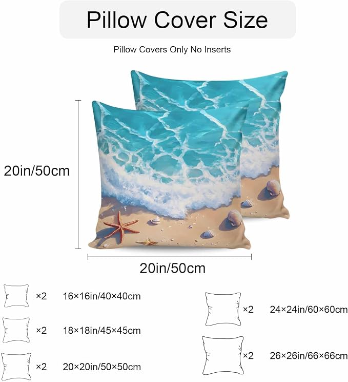 Ocean Beach Waterproof Outdoor Pillow Covers Set of 2 Home Decor, Coastal Nautical Starfish Shells Sea Waves Pillowcase Patio Pillow Covers for Couch Bench Furniture Garden 16x16in