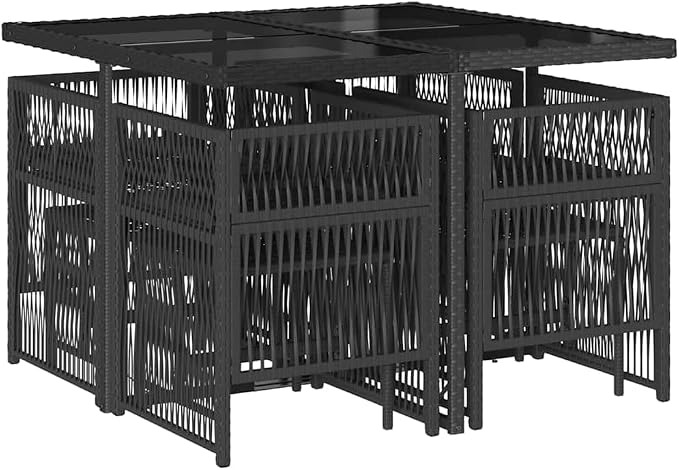 9-Piece Outdoor Garden Dining Set with Black Poly Rattan Table, 4 Chairs, and 4 Stools for Patio