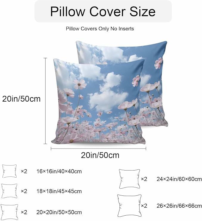 Vandarllin Outdoor Throw Pillows Covers 26x26 inch Set of 2 Waterproof Blue Sky Cloud Decorative Zippered Cushion Covers for Patio Furniture, Pink Flower Lumbar Pillowcases