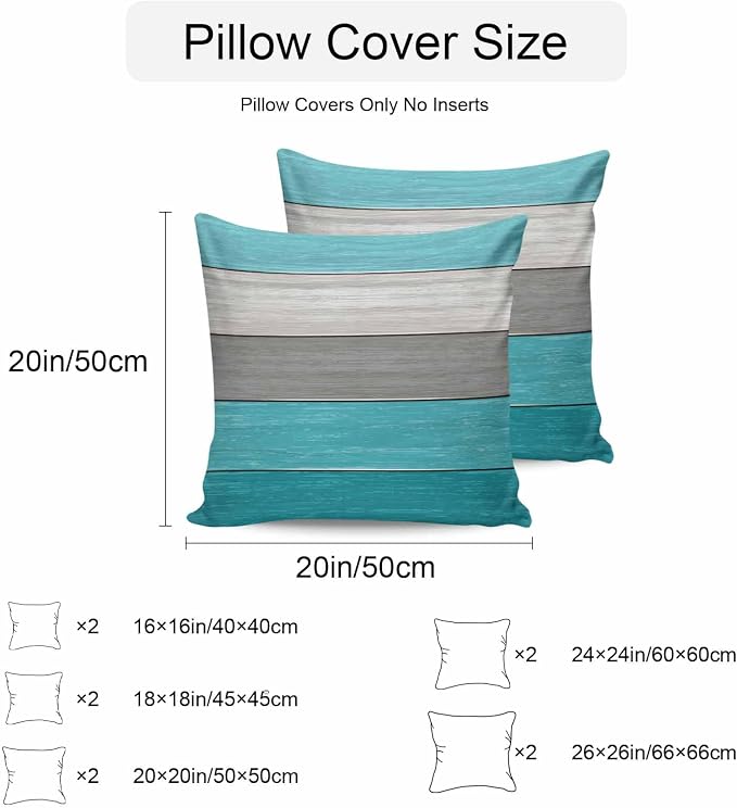 Outdoor Throw Pillow Covers 20X20 Set of 2 Waterproof Ombre Aqua Blue Gray Decorative Zippered Cushion Covers for Patio Furniture, Farmhouse Retro Rustic Barn Wood Texture Lumbar Pillowcases