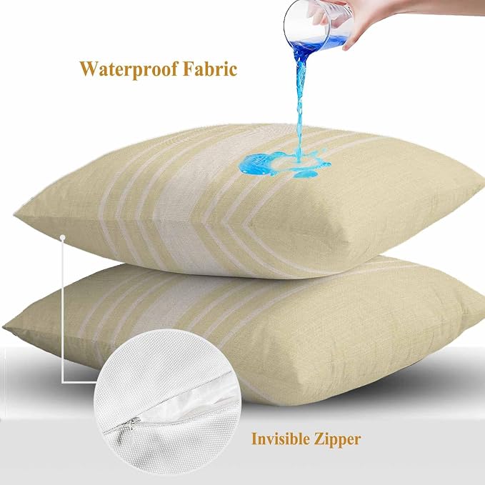 Throw Pillow Covers 18x18 Inch Set of 2, Cream Beige Striped Waterproof Outdoor Cushion Covers, Modern Farmhouse Retro Lines Decorative Pillowcases for Couch, Sofa, Bed, Garden, Patio