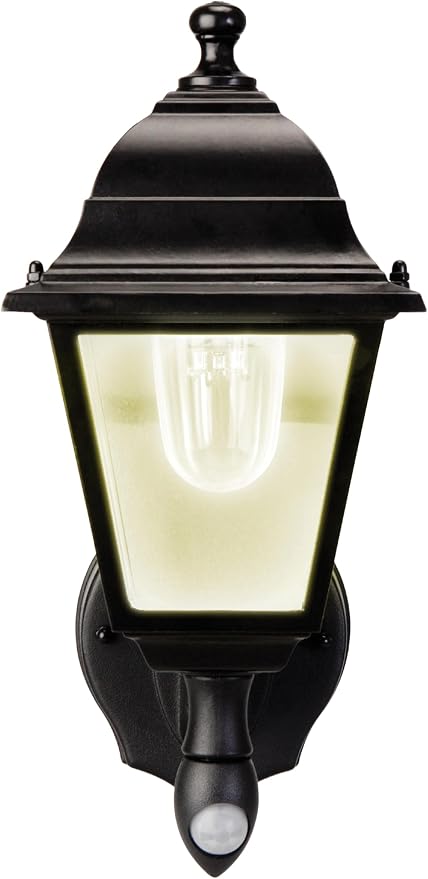 MAXSA 43319 Battery-Run Motion-Activated Outdoor Metal Wall Sconce Black | Metal and Glass Battery-Powered, No Wiring Needed, 13 x 8.5 x 6" Automatic Operation, Easy Installation Black Warm White LEDs