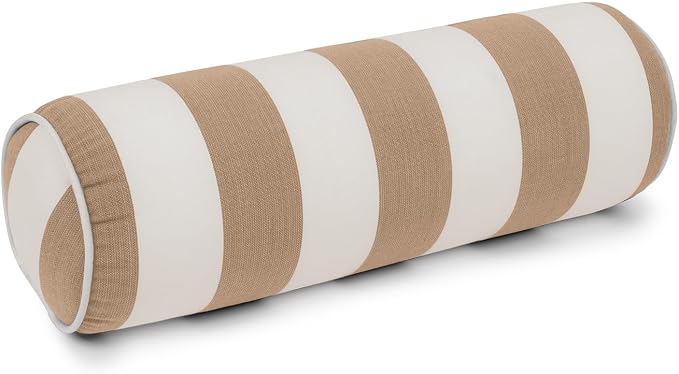 Sherry Kline Cabana Stripe Set of 2 Neck roll Bolster Pillows, Zippered Removable Cover with Corded Trim, 6x18 Inch Cylinder Outdoor Indoor Cushion, Foam Insert, Made in USA - Beige/Natural