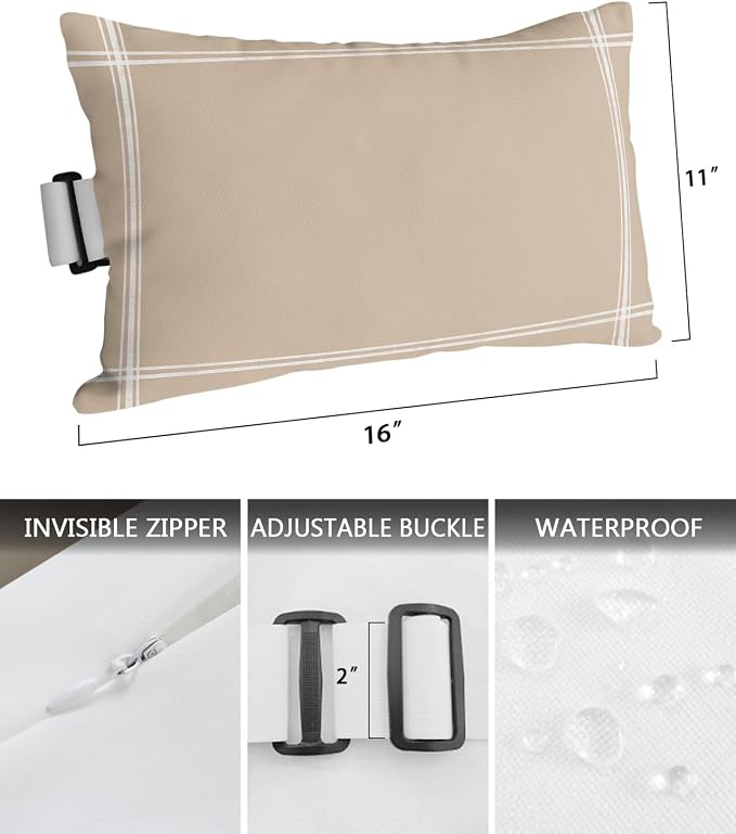 T&H XHome Outdoor Pillow for Chaise Lounge Chair, Solid Color Light Khaki Waterproof Headrest Pillow Lumbar Pillows with Insert & Adjustable Elastic Strap for Beach, Poolside, Patio, Office (1 Pack)