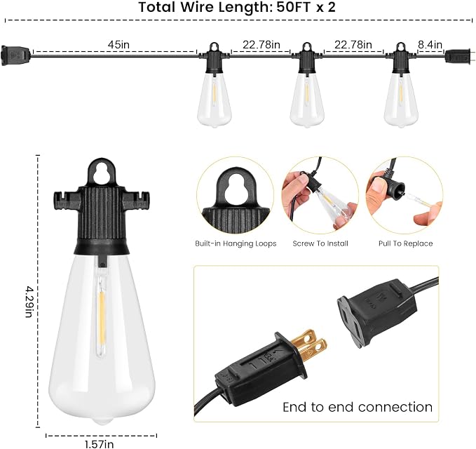 Zuske 100FT Outdoor String Lights, LED Patio Lights with 50+3 ST38 Vintage Edison Shatterproof Bulbs, IP65 Weatherproof Outside Hanging Lights for Backyard Bistro Cafe Garden(50FTx2)