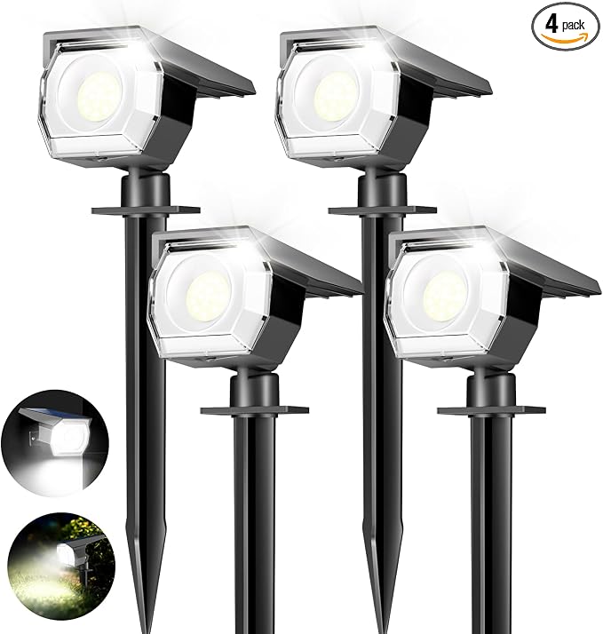 4 Pack Solar Spot Lights Outdoor Waterproof, Landscape Spotlights | Cool White, Solar Powered, Auto On/Off, Lighting for Outside Pathway Yard Lawn Flag Garden Walkway Pathway