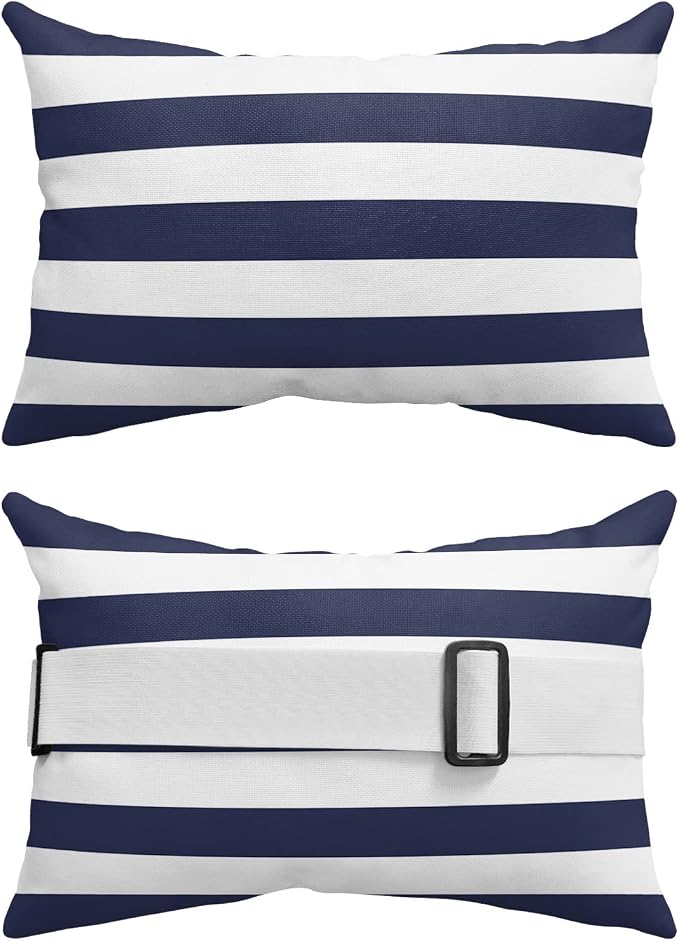 Recliner Head Pillow Lounge Chair Pillows with Insert Navy Blue White Stripe Lumbar Pillow with Adjustable Strap Outdoor Waterproof Patio Pillows for Couch Beach Pool Office Chair, 1PCS, 12x20in