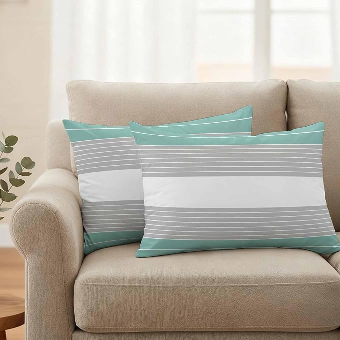 Turquoise Grey Stripe Outdoor Pillow Covers Set of 2 Gradient Line Waterproof Throw Pillow Cover Decorative Cushion Cases for Patio Porch Garden 20X12 Inch