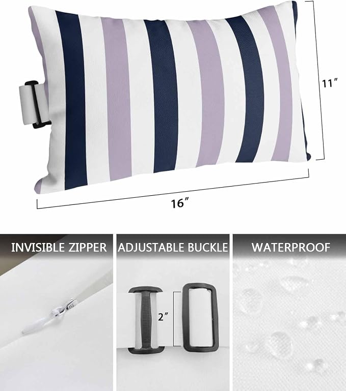 Pack of 2 Outdoor Lumbar Pillow Covers 11x16 Inch, Purple Navy Blue Striped Waterproof Throw Pillow Covers Set, Farmhouse Stripe Art Indoor&Outdoor Decorative Cushion Cases for Patio Porch Beach