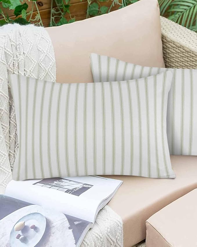 Outdoor Waterproof Throw Pillow Covers Set of 2 Sage Green Stripes Lumbar Pillowcases 20x12 Inches Vertical Striped Patio Decorative Pillows Cushion Case Patio Pillows for Couch Bed Chair Garden