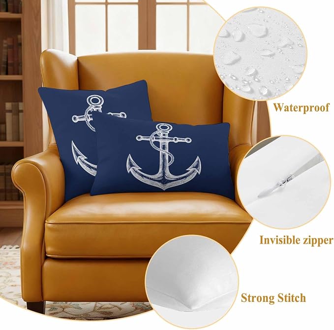 Nautical Outdoor Waterproof Throw Pillow Covers Set of 2, 16"x16", Anchor Rope Coastal Navy Blue Minimalist Decorative Pillow Covers Outside Cushion Case for Patio Porch Garden