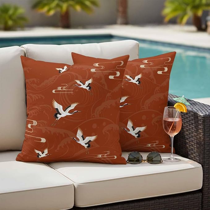 Japanese Style Outdoor Pillow Covers 20x20 Inch Throw Pillow Covers Set of 2 Waterproof Decorative Pillow Cases Vintage Art Cranes Ocean Wave Red Cushion Covers for Patio Furniture Garden Couch Sofa